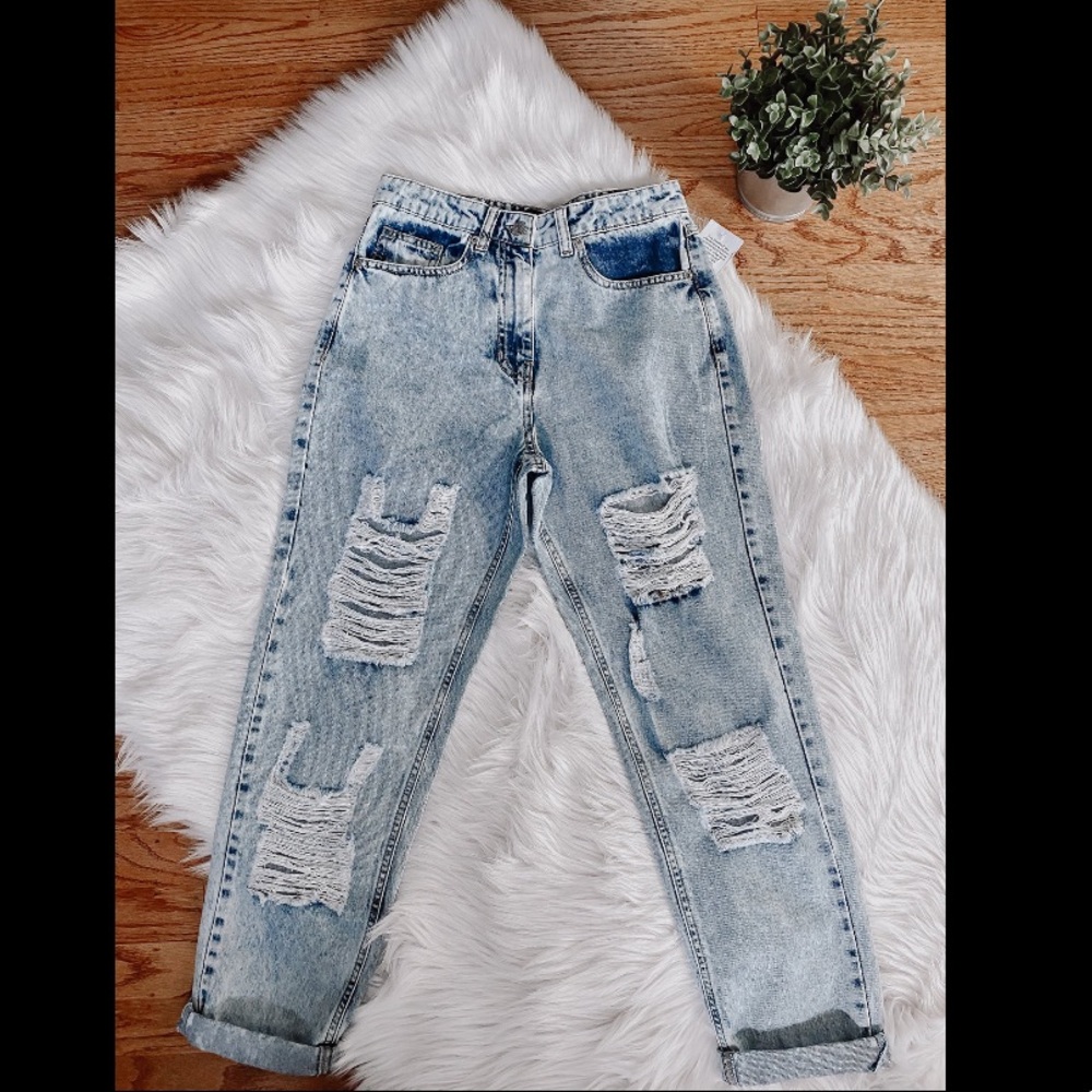 Mid Blue Acid Distressed Mom Jeans